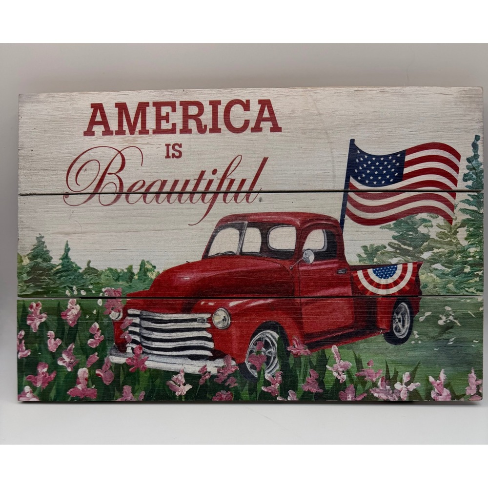 Rustic Wooden Sign America Is Beautiful Red Pickup Truck American Flag Decor